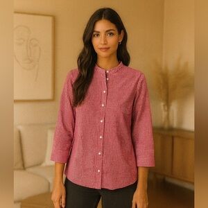 Talbots Red and White Gingham Pleated Button Down Shirt Size Medium